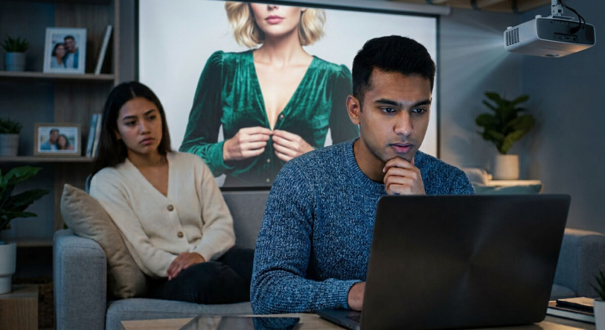 Boyfriend looking at porn with girlfriend wondering